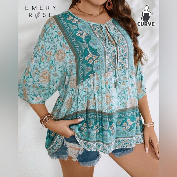 Teal Blue V-Neck Boho Blouse - Picture 3 of 6